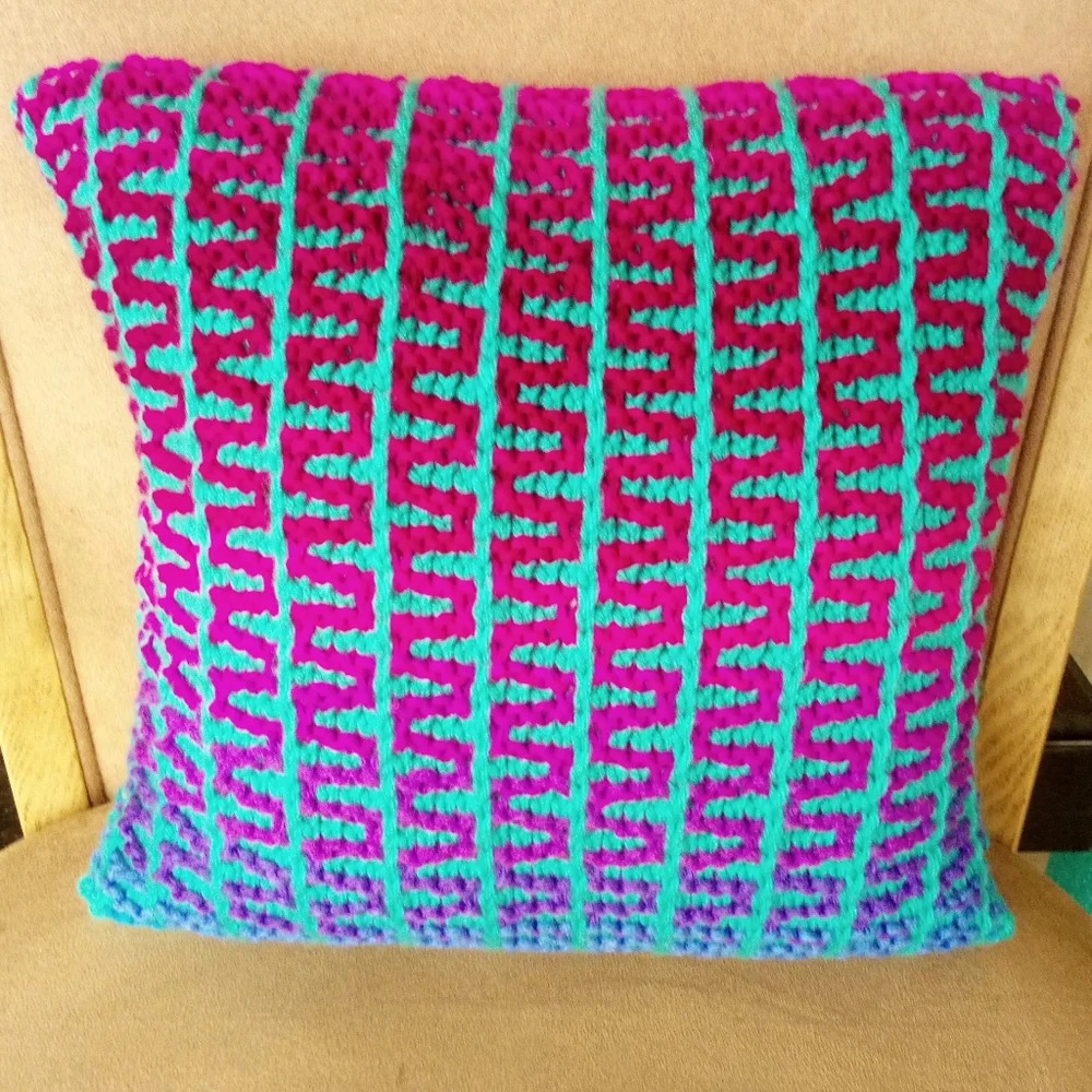 Hand Crafted Knit Throw Pillow Cerulean Blue Magenta Turquoise Green Painte…